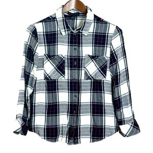Sanctuary Women's Shirts Ivory Plaid Pockets‎ Button Down Long Sleeves Size M